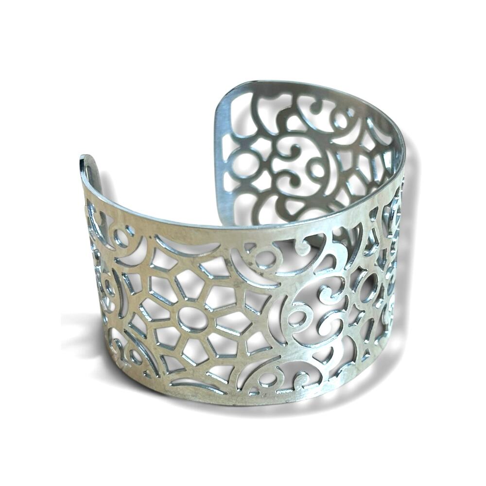 Silver Tone Wide Filigree Cuff Bracelet Geometric Cut Out Statement Boho